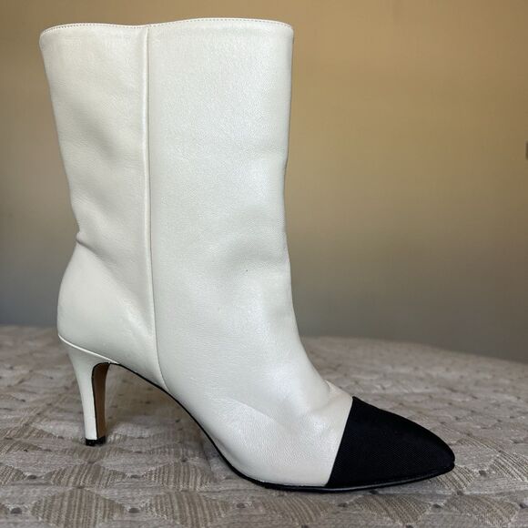 Toral Cream Leather & Black Fabric Cap Pointy Toe Boots Women EU 36 US 6 Chic - Picture 3 of 16